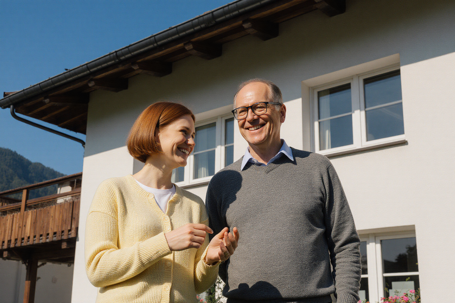 Natürlicher freundlicher Austausch vor einem normalen österreichischen Wohnhaus